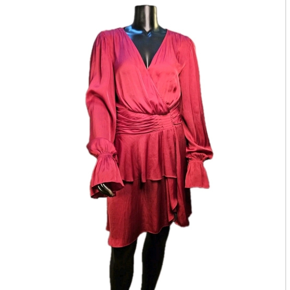 Ramy Brook Roman Size 8 True Red Long Sleeve Satin Ruffle Mini Cocktail Dress